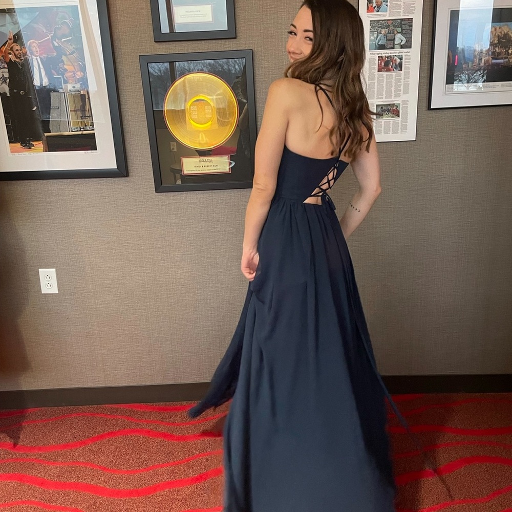 Azazie Navy Blue Backless Dress